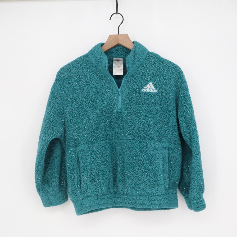 Adidas Fleece Pullover Girls M Sherpa Quarter-Zip Teal Metallic Logo Excellent